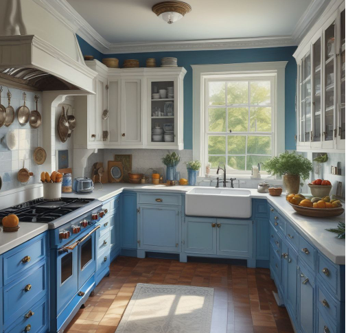 blue and white color kitchen 